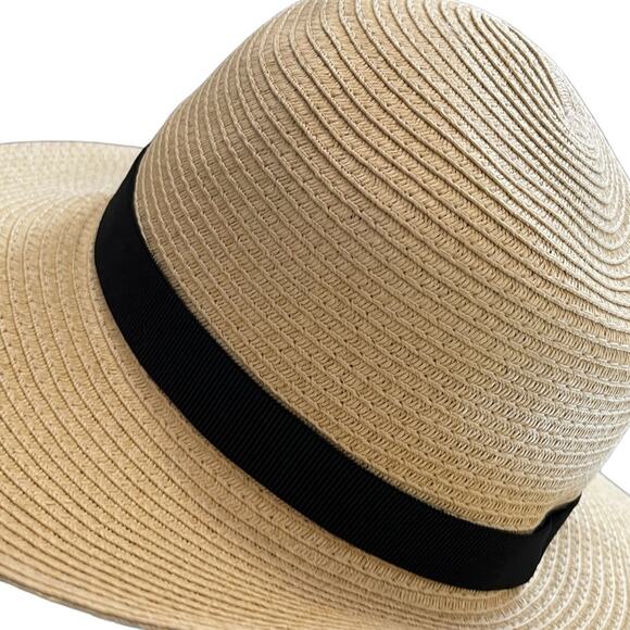 J Crew Womens Packable Sun Hat M-L Natural Tan Black Ribbon - Picture 10 of 10